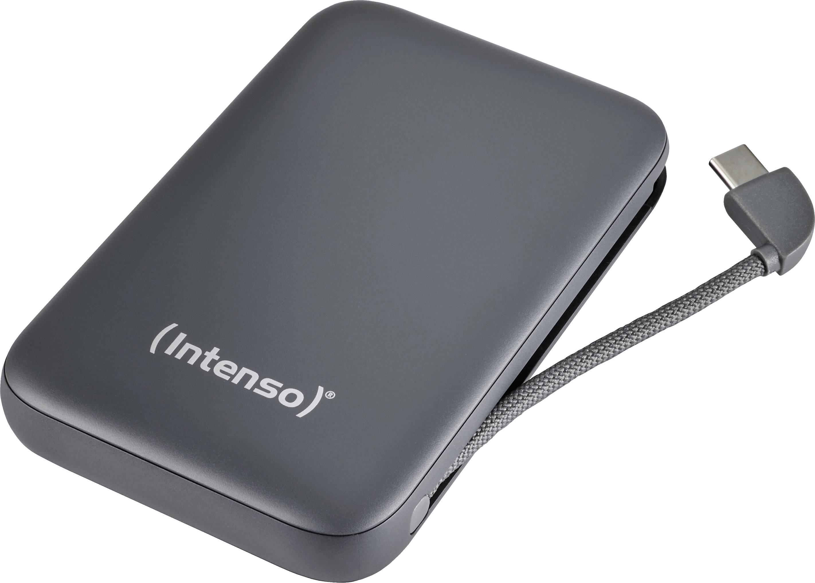 En extern hårddisk med en USB-C-kabel ansluten, märkt "Intenso". Grå kompakt design lämplig för bärbar datalagring.