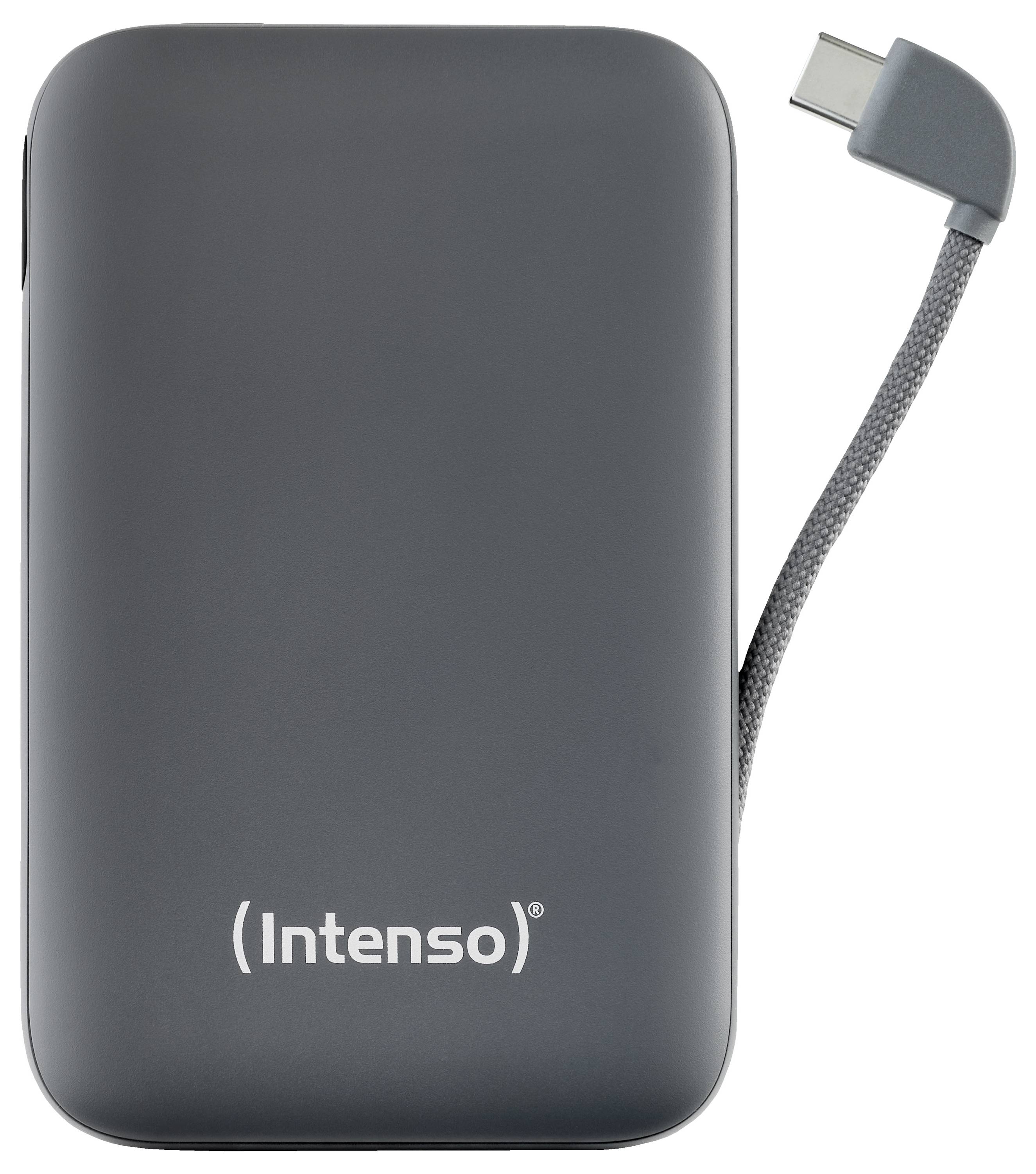 En slank, svart Intenso bärbar extern hårddisk med en ansluten kort USB-C-kabel på den övre högra sidan, designad för datalagring.