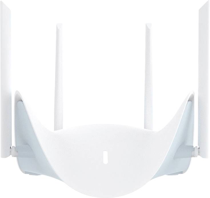 En vit Wi-Fi-router med fyra upprätta antenner, utformad för snabbare internetanslutning och förbättrad trådlös räckvidd.