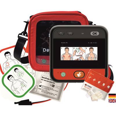 Bärbar AED-kit med röd transportväska, defibrillatorenhet, elektrodplattor för vuxna och barn, samt illustrerade instruktioner för HLR/defibrillator.