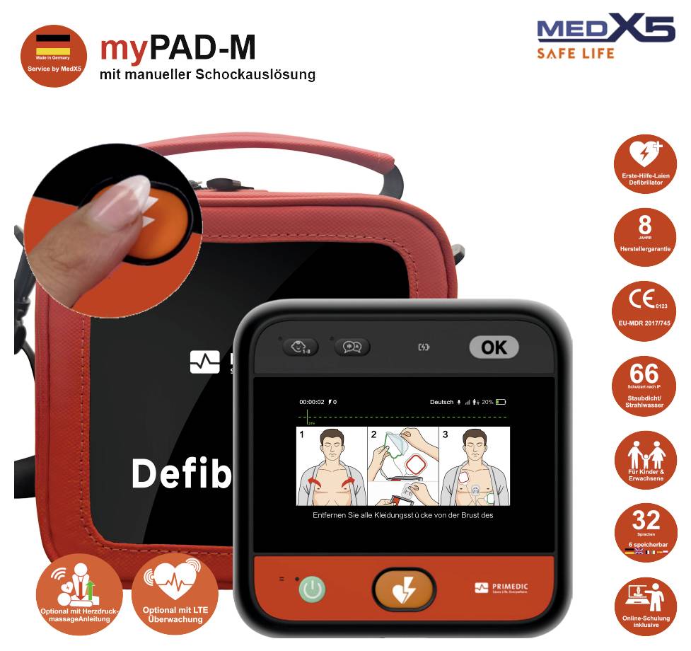 Produktbild av MEDX5 myPAD-M automatisk extern defibrillator-kit i ett rött bärfodral, som visar enhetsskärmen med instruktioner för CPR-elektrodplacering och funktionsikoner.