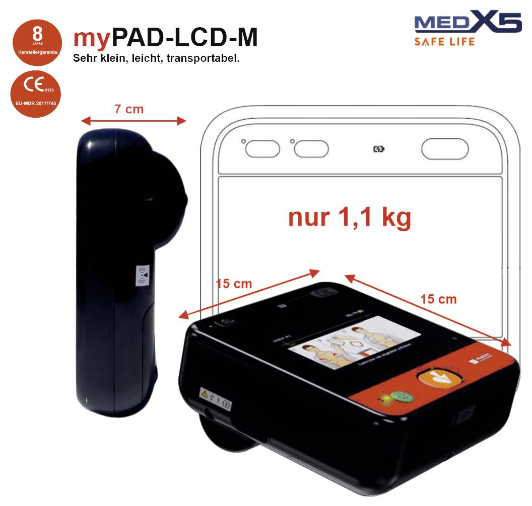 Produktbild av en kompakt myPAD-LCD-M-enhet, visad från fram- och sidsida, som framhäver dess lilla storlek: 15 cm bred, 7 cm djup och endast 1,1 kg.
