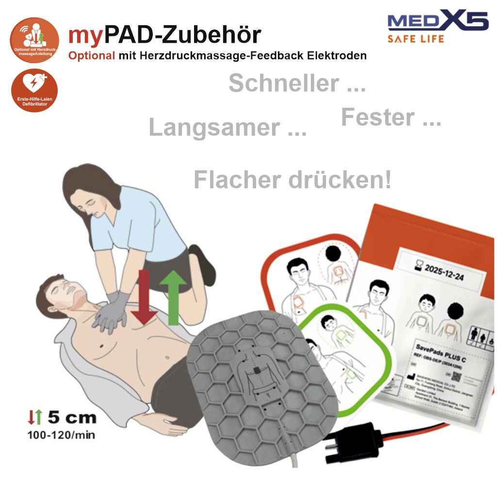 Illustration av myPAD-tillbehör med återkopplingselektroder för HLR, visar räddningsarbetare som trycker på en bröstkorg och text "Snabbare ... Långsammare ... Hårdare ... Tryck grundare!"