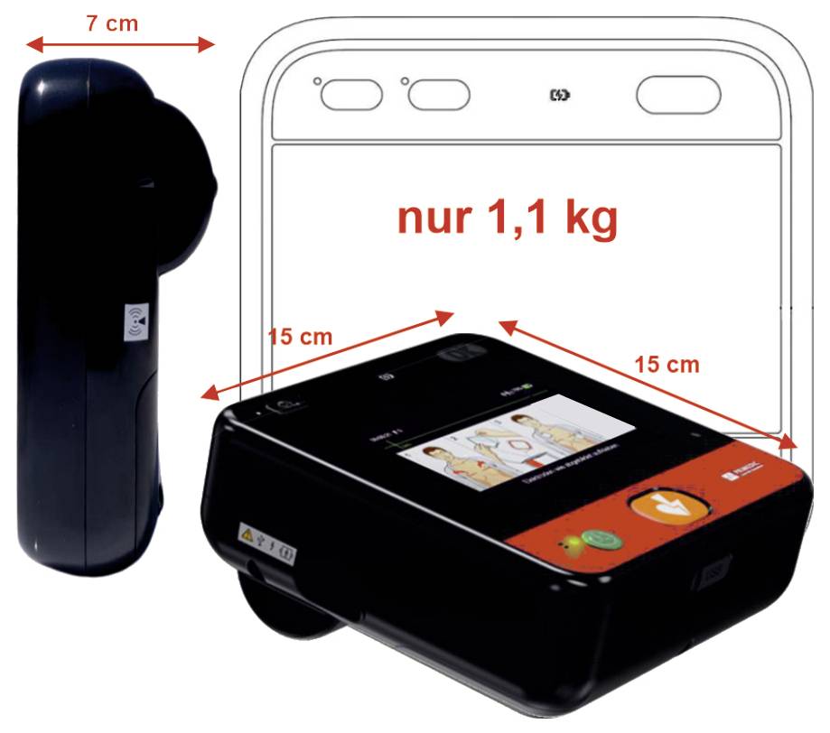Produktbild av en kompakt svart enhet som visar dimensioner 15 cm x 15 cm x 7 cm och vikt "endast 1,1 kg" framför en lådkontur.