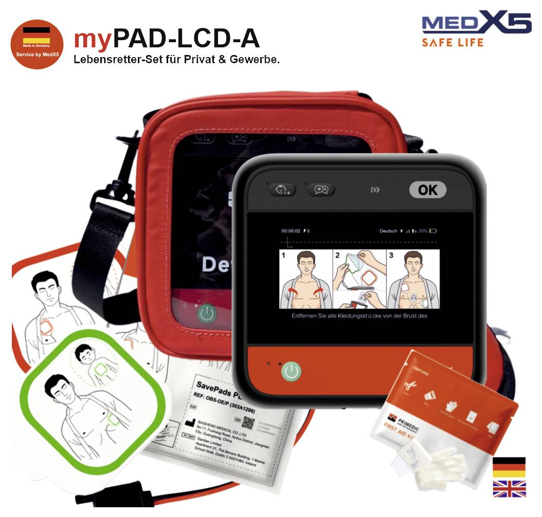 Kampanjbild av myPAD-LCD-A-defibrillatorräddningsuppsättningen, som visar ett rött AED-fodral, en pekskärmenhet, elektrodkuddar och instruktionskort med MEDX5 Safe Life-märkning.
