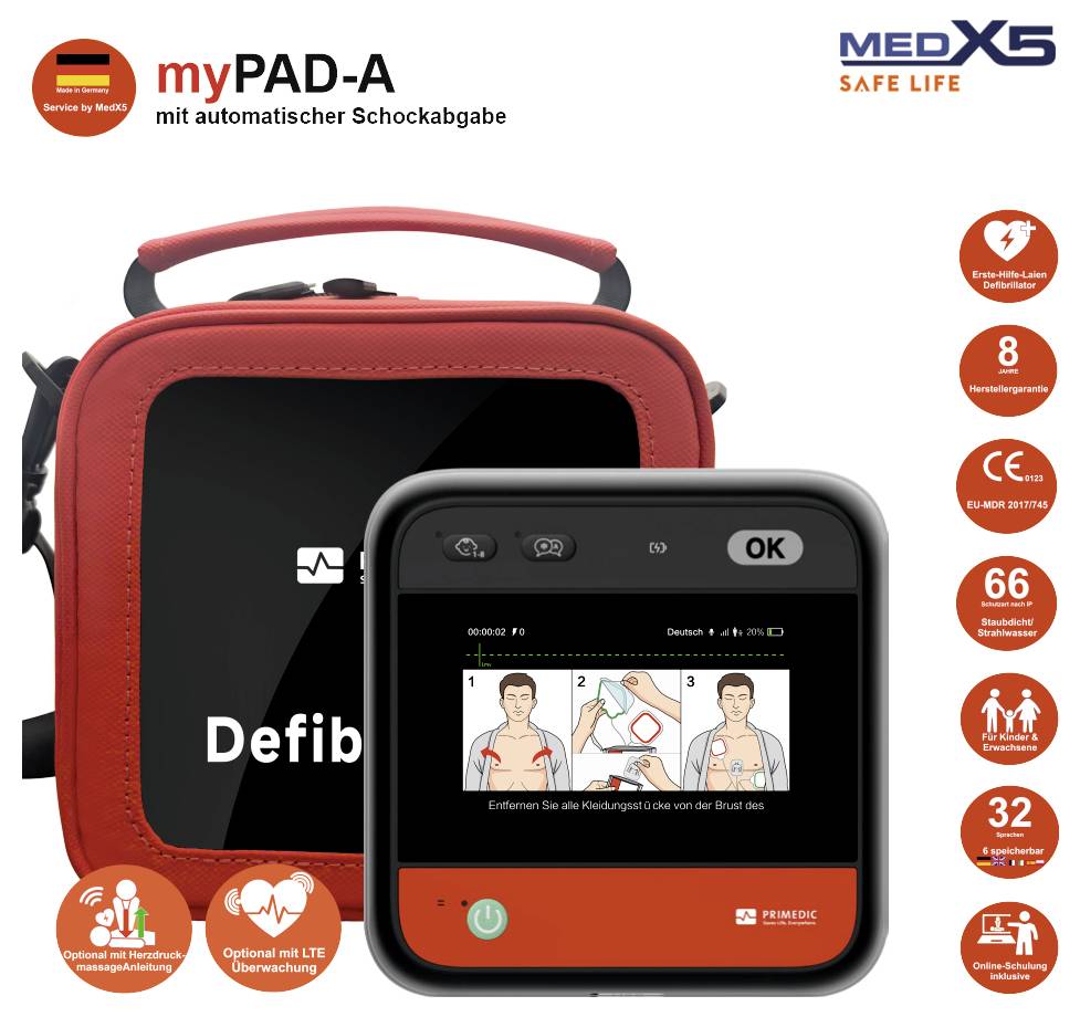 Produktbild av ett rött myPAD-A automatiserat defibrillatorväska med enheten visad på dess skärm, plus MedX5 Safe Life-varumärke och funktionsikoner.