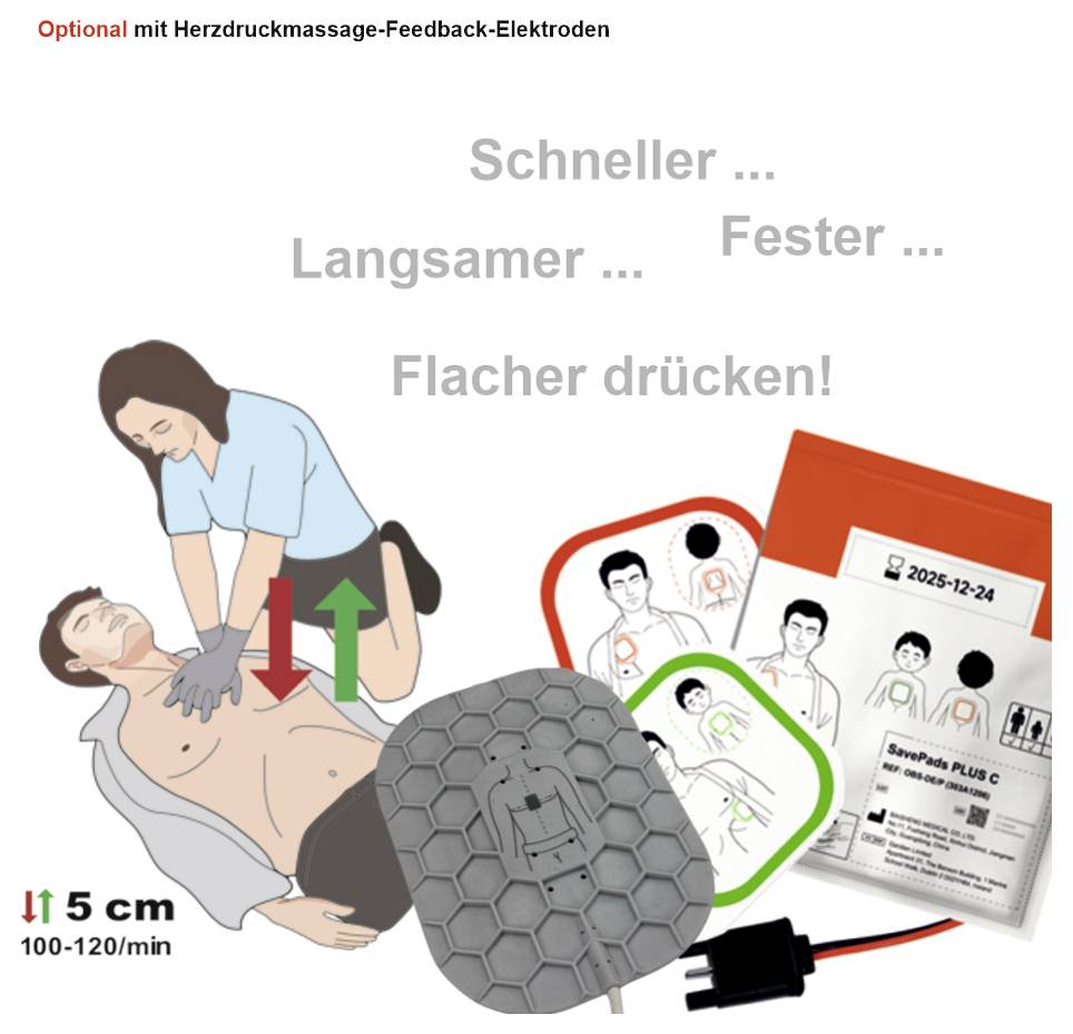 Infografik som visar HLR-utbildning med valfria feedback-elektroder för bröstkompressioner; texten rekommenderar 'Snabbare', 'Långsammare', 'Hårdare' och 'Tryck mindre djupt!' med vägledning om 5 cm och 100-120/min.
