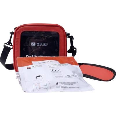 Röd automatisk extern defibrillator i ett bärfodral med remmar, visad tillsammans med ett CPR-instruktionsblad och elektrodplattor utlagda framför.