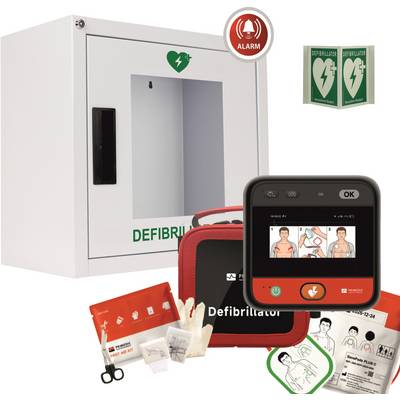 Defibrillator-startsats med väggskåp, bärbar AED-apparat, räddningsmaterial och instruktionskort för hjärtstillestandsrespons.
