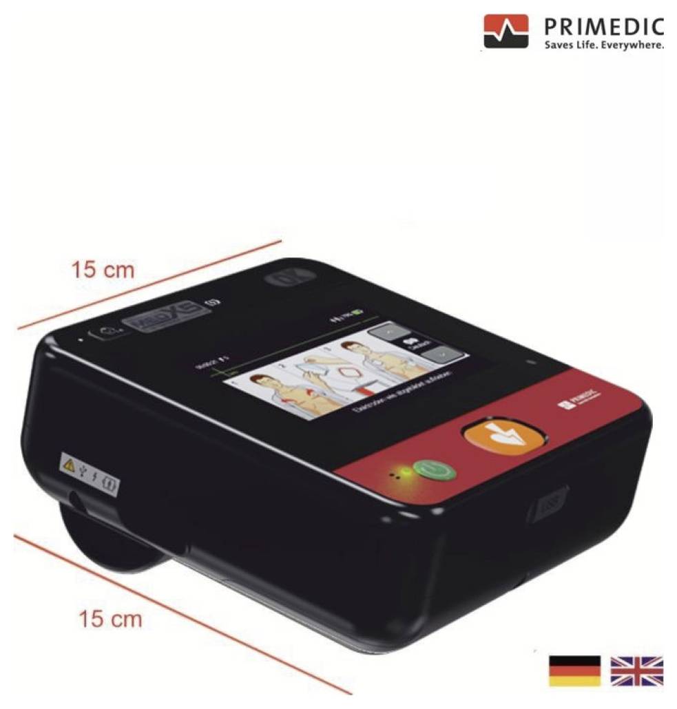 En svart, kompakt defibrillatorkemisk enhet med en digital skärm och knappar. Instruktioner visas på skärmen. Dimensioner: 15 cm x 15 cm.