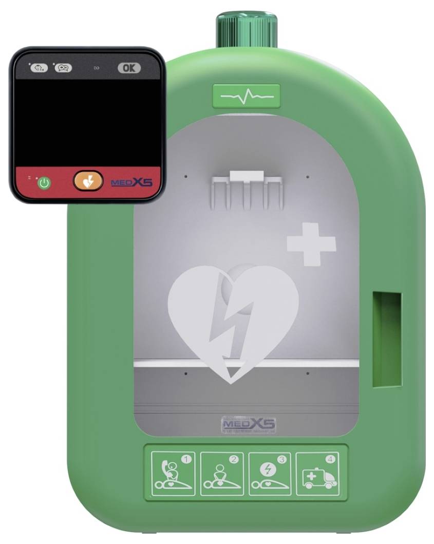 En grön automatiserad extern defibrillator (AED) med en hjärtsymbol och ikoner som visar användningssteg: ring, ge HLR och använd AED:n.