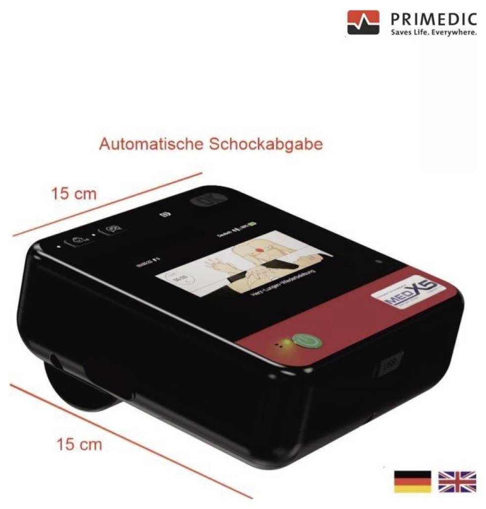 En enhet för automatisk chockavgivning, märkt med "Automatische Schockabgabe". Den har två flaggor: tysk och brittisk, och mäter 15 cm vardera i bredd och höjd.