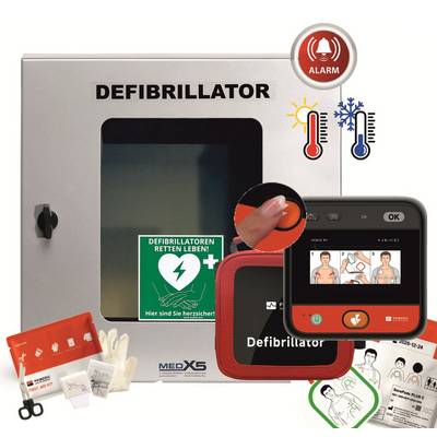 Väggmonterad defibrillatorskåp med larm, temperaturikoner, AED-enhet i låda, elektrodkuddar, handskar och instruktionsmaterial visas.