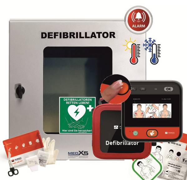 MEDX5 myPAD-M mit LCD-Bildschirm AED-skylt Utomhus med röstinstruktioner, Med uppvärmning, inkl. vägglåda