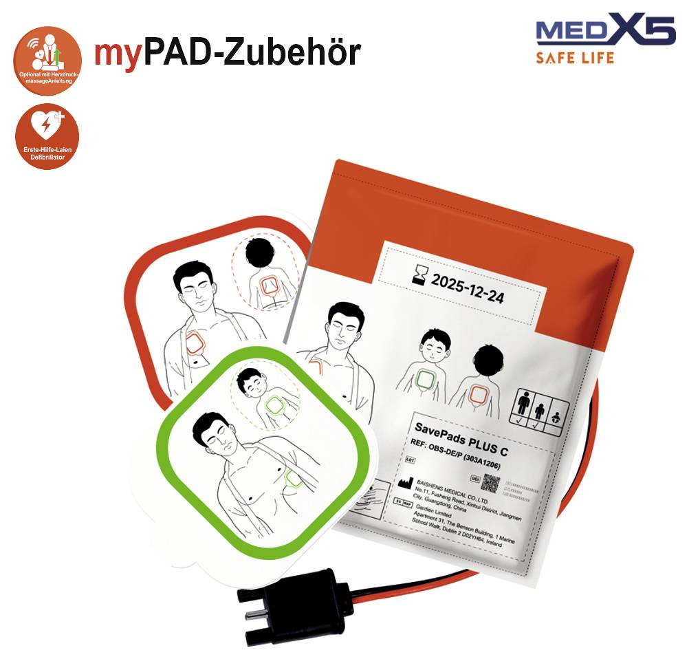 Produktbild som visar myPAD-tillbehör AED-elektrodplackar, två illustrerade plackuppsättningar och en röd-orange Savepads PLUS C-paket med anslutningskabel; MEDX5 Safe Life-varumärke.