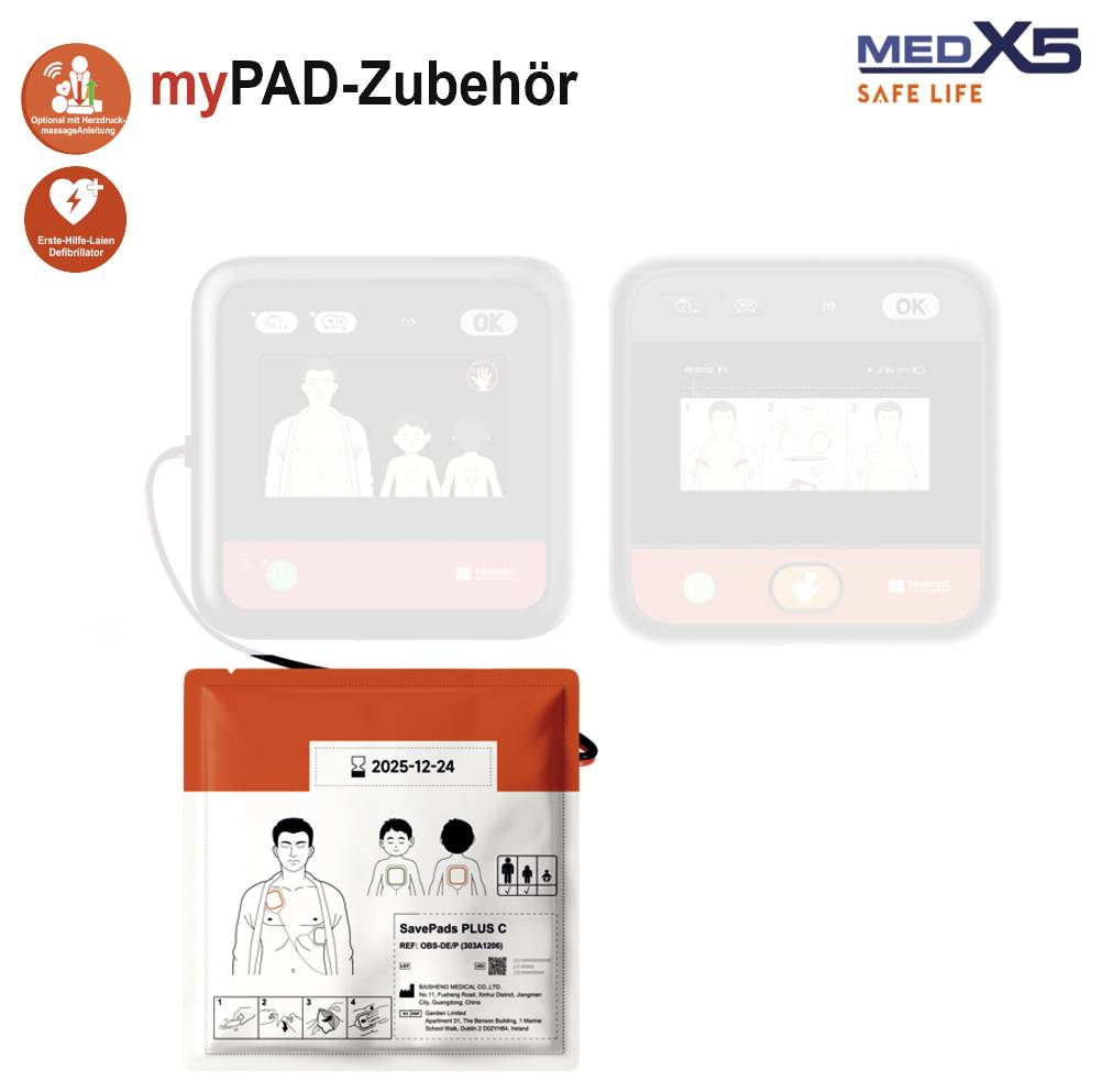 Produktbild för myPAD-tillbehör som visar två AED-enheter och ett rött AED-elektrodkuddepaket märkt 'SavePads PLUS C' från MEDX5 Safe Life.