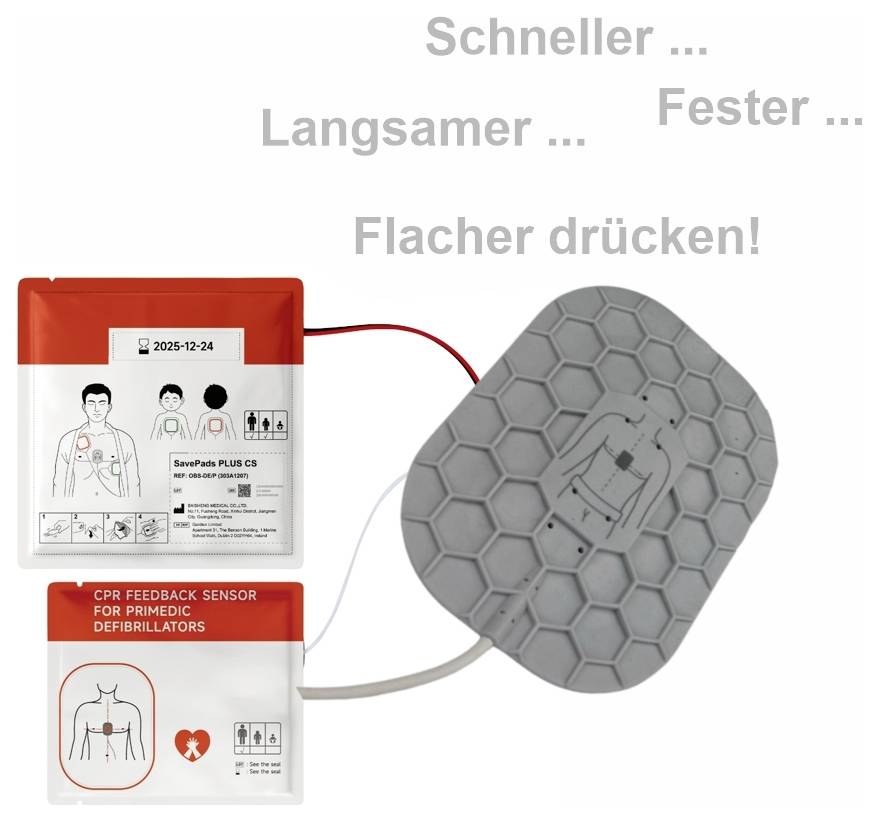 CPR-återkopplingsmätare för defibrillatorplatta, med tyska instruktioner att trycka snabbare, långsammare eller plattare.