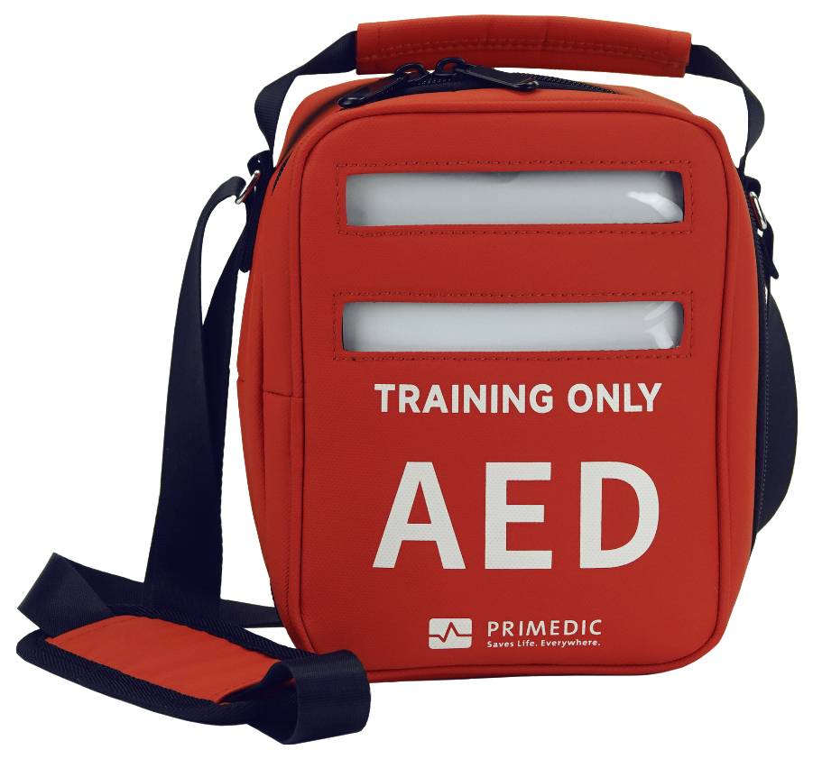 Röd träningsväska för AED med axelrem, märkt "ENDAST TRÄNING" och "AED", för att bära en övningsdefibrillator.