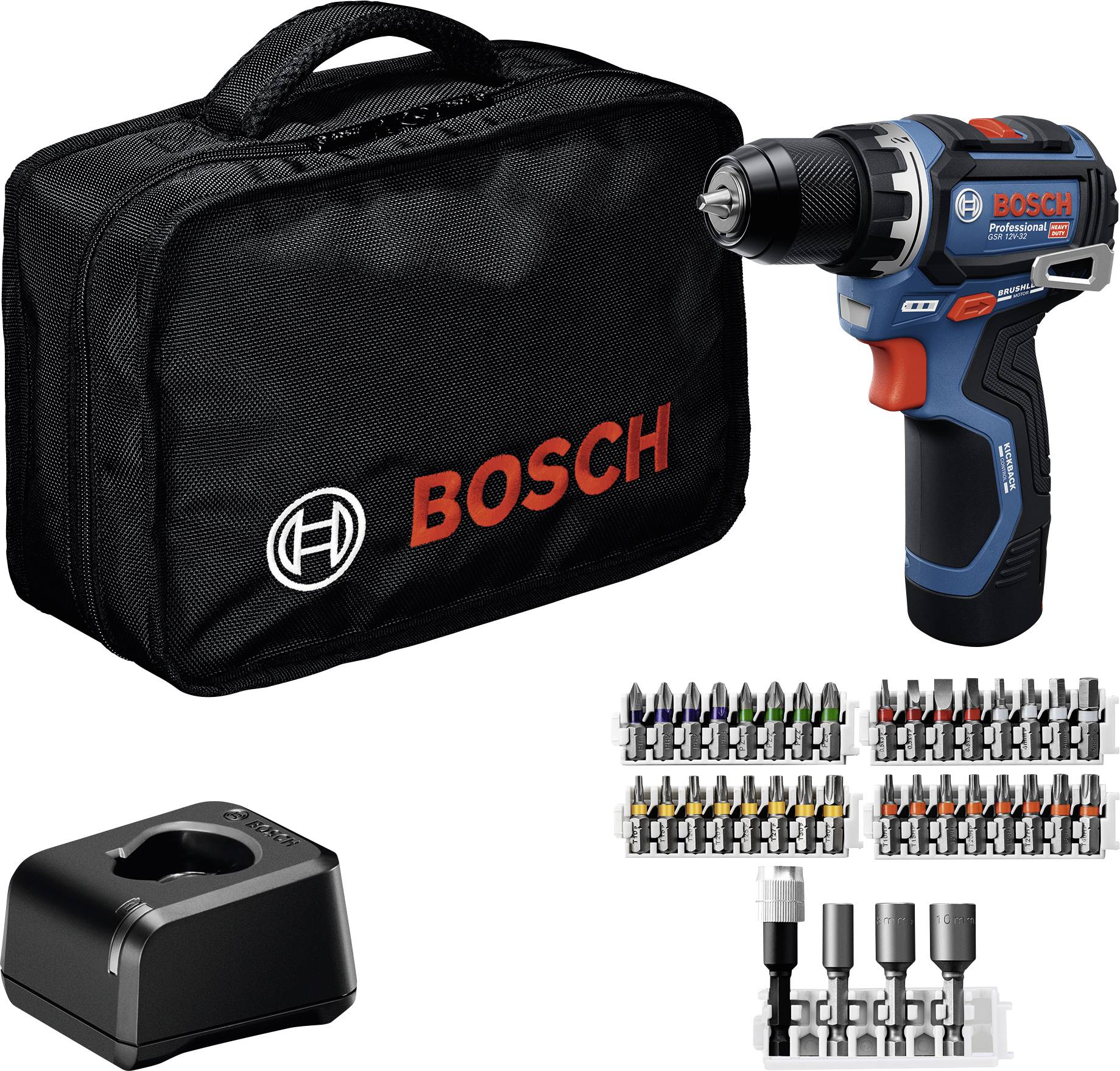 En Bosch sladdlös borr-kit med en blå och svart borr, svart väska, batteriladdare och ett sortiment av olika borrbitar.