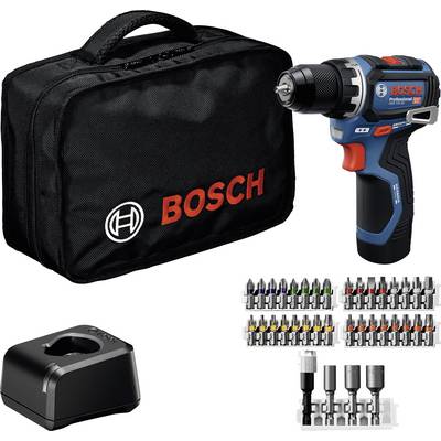 En Bosch sladdlös borr-kit med en blå och svart borr, svart väska, batteriladdare och ett sortiment av olika borrbitar.