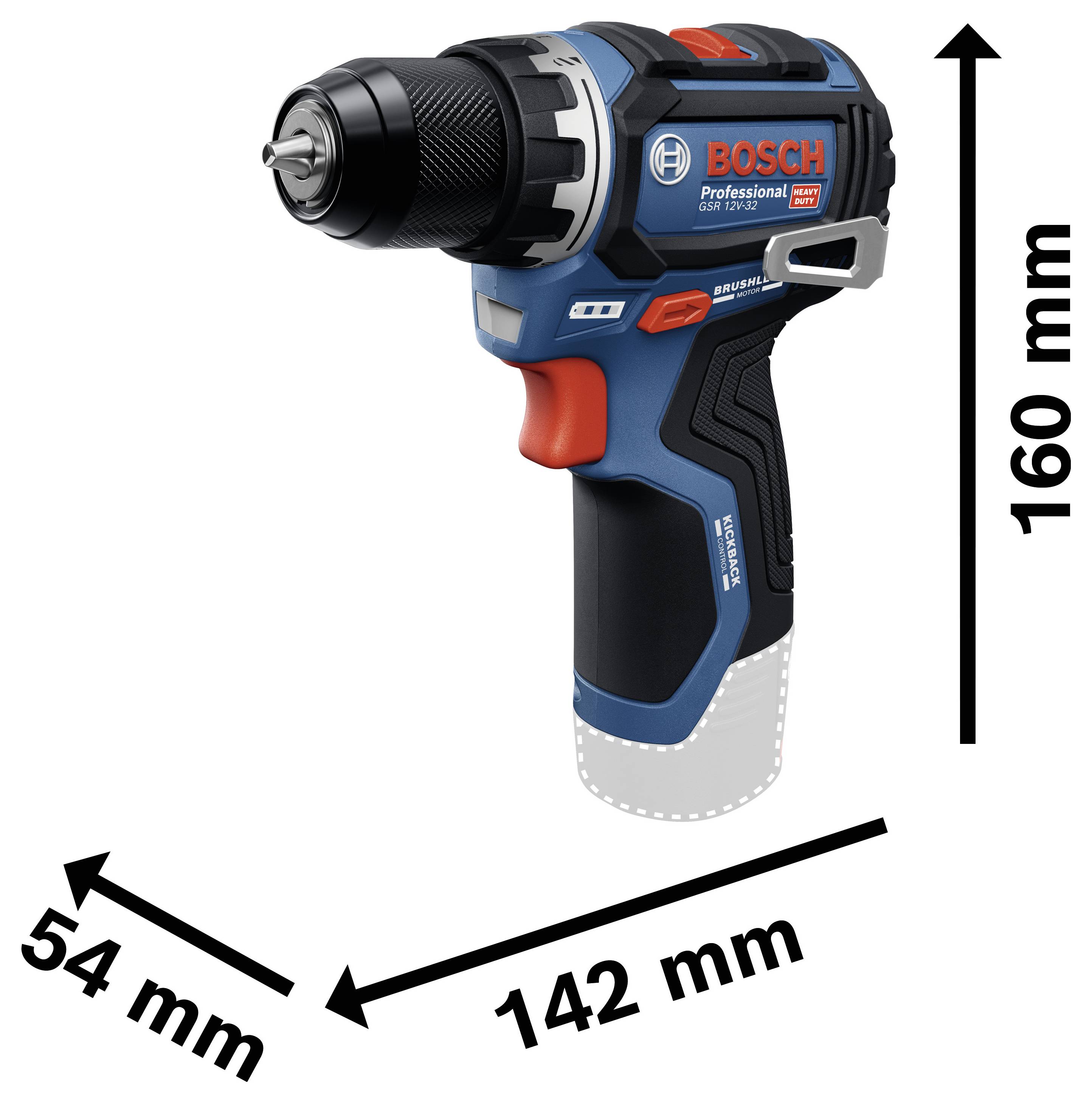 "Bosch Professional-borrmaskin", dimensioner: 160 mm höjd x 142 mm längd x 54 mm bredd. Svart borrspets med blå och röd handtag.
