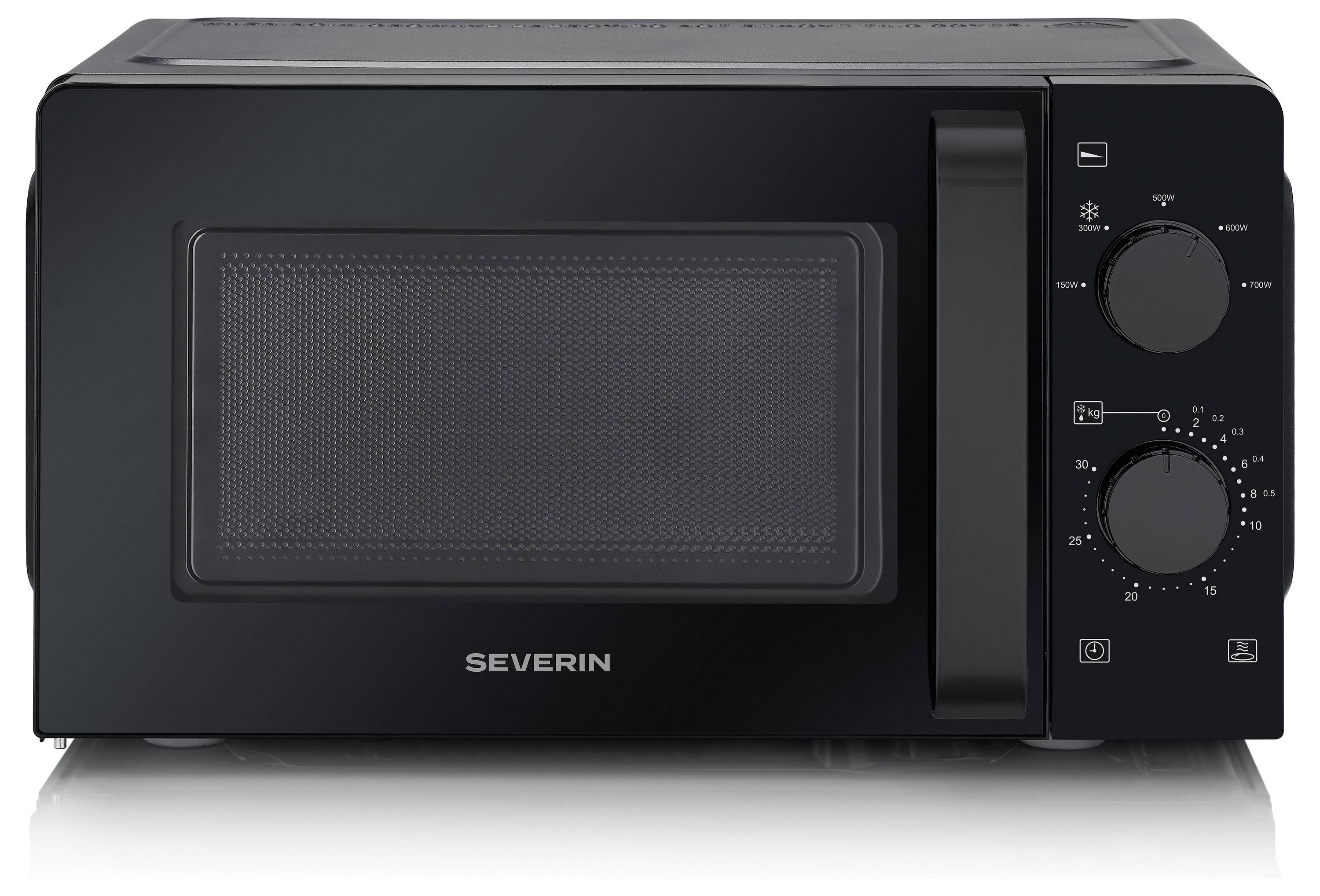 En svart diskbänksmikrovågsugn med två kontrollrattar på höger sida, en för effektnivåer och den andra för att ställa in timern.