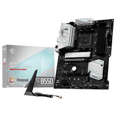 "MSI B550 Gaming WiFi-moderkort" tillsammans med dess förpackning och antenn. Funktioner inkluderar Ryzen-stöd och AMD B550-chipset.
