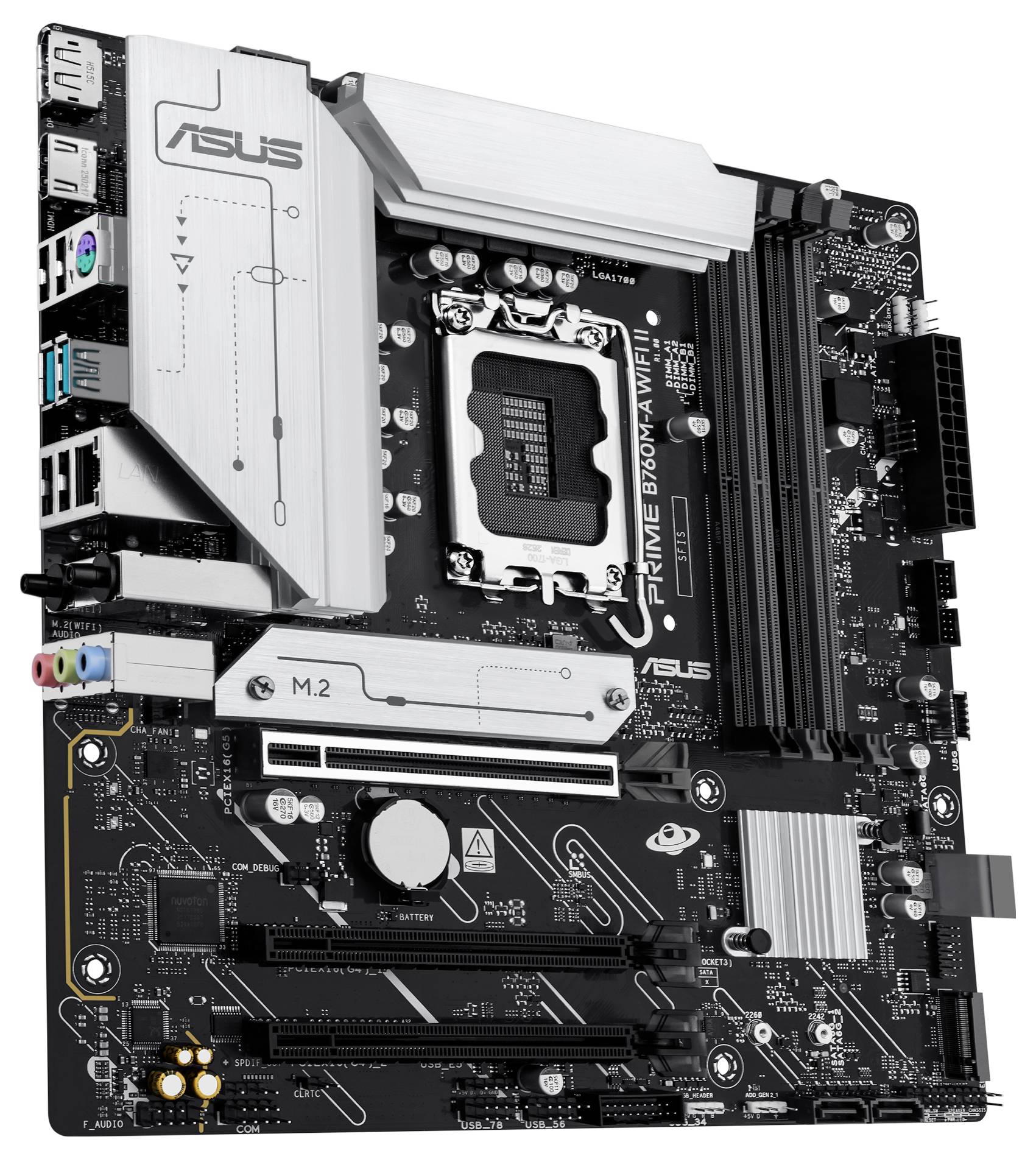 En svart-och-silver ASUS PRIME B760M-A WiFi D4-moderkort med olika kortplatser och portar för RAM, CPU och perifera enheter, visad i en vinkel.