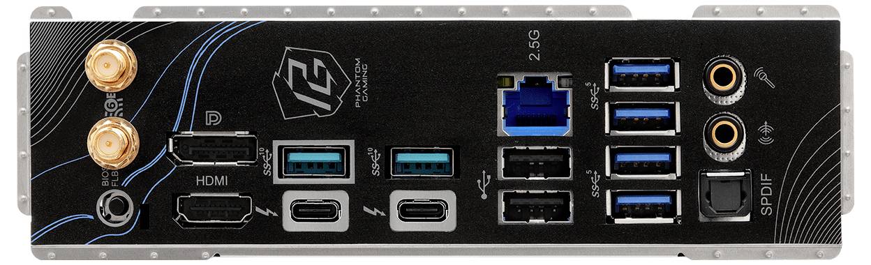 Bakpanel på ett datormoderkort med olika portar inklusive USB, HDMI, 2.5G Ethernet, audiokontakter och Thunderbolt-anslutningar.