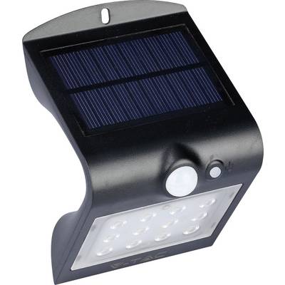 En soldriven LED-vägglampa med rörelsesensor, försedd med en svart kropp och en panel på toppen för laddning.