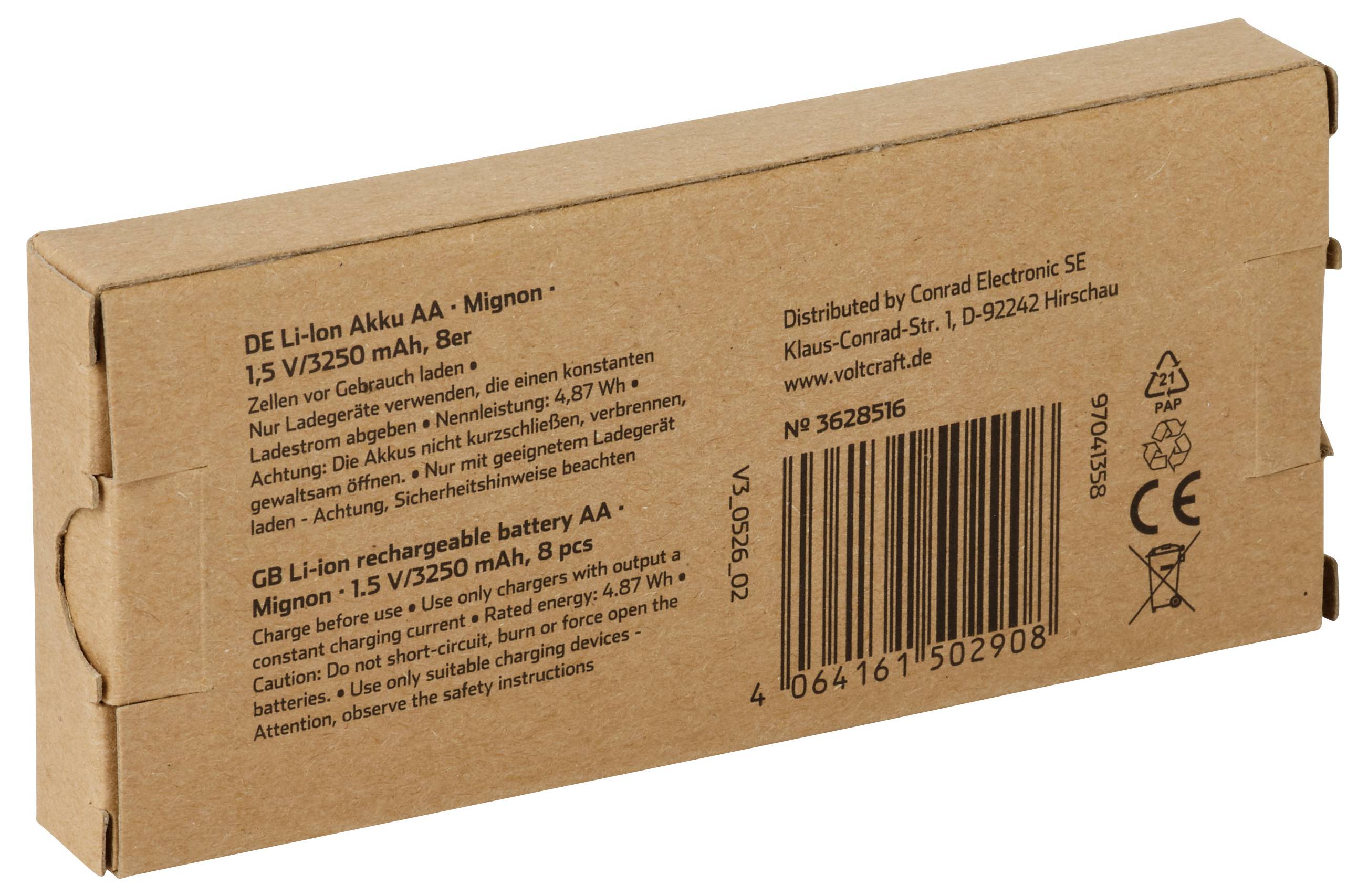 Brun kartongbatteribox märkt för AA-uppladdningsbara litiumjon-batterier, med produkttext, streckkod och säkerhetssymboler.