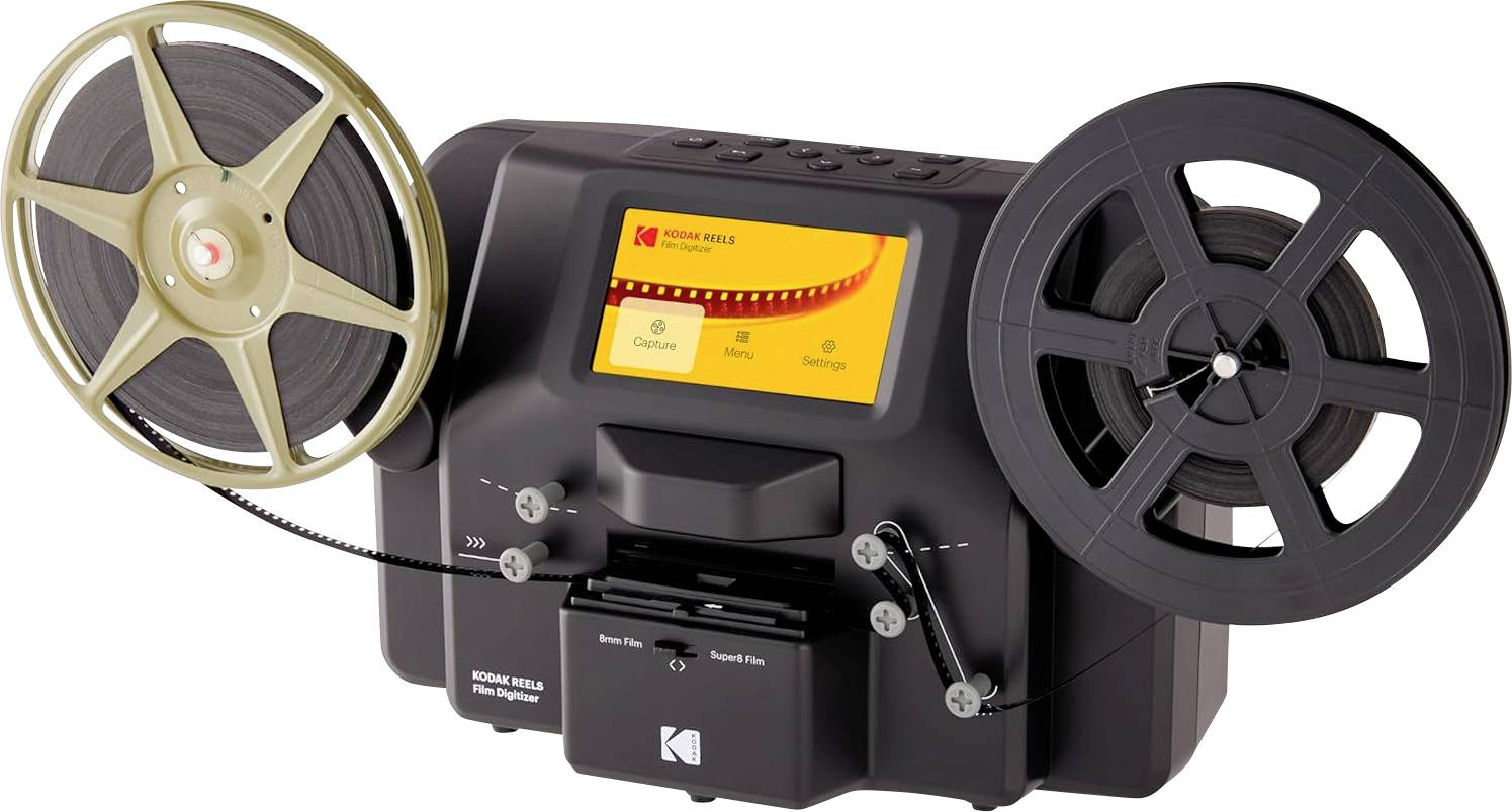 En filmskanner med två spolar och en digital display som visar alternativ för skanering och inställningar, märkt "Kodak".