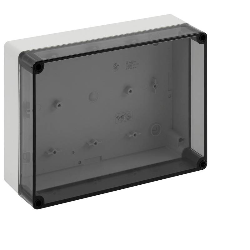 Grå plastisk elinstallationslåda med ett mörkt transparent lock, visad i perspektiv mot en vit bakgrund.
