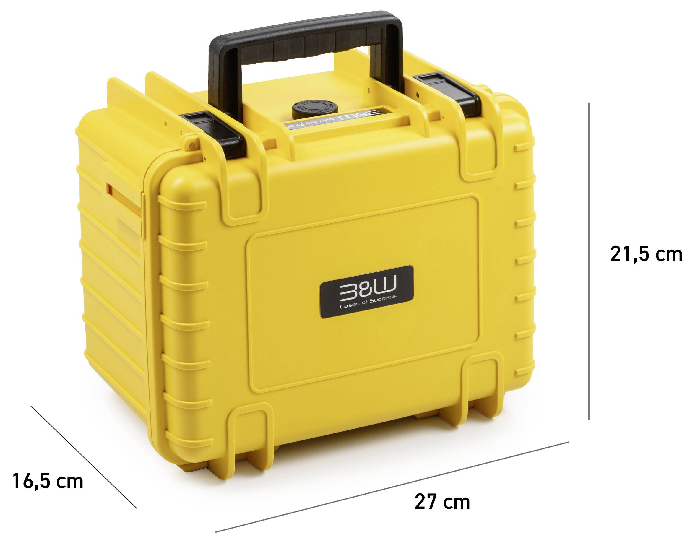 Ett gult skyddsfodral med ett svart handtag. Dimensionerna visas: 21,5 cm höjd, 27 cm bredd, 16,5 cm djup.
