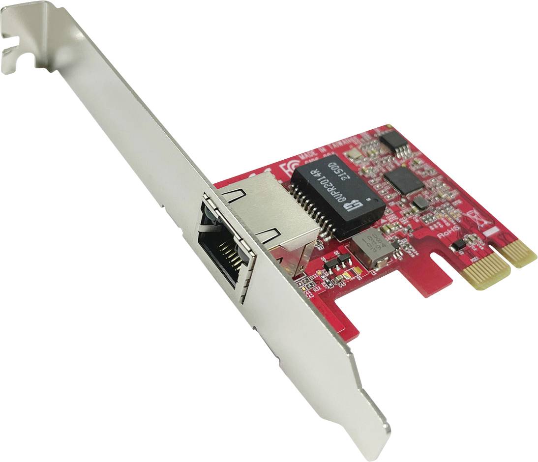 Ett rött Ethernet PCIe-nätverksgränssnittskort med metallkonsol, utformat för att utöka datorns anslutning till trådbundna nätverk.
