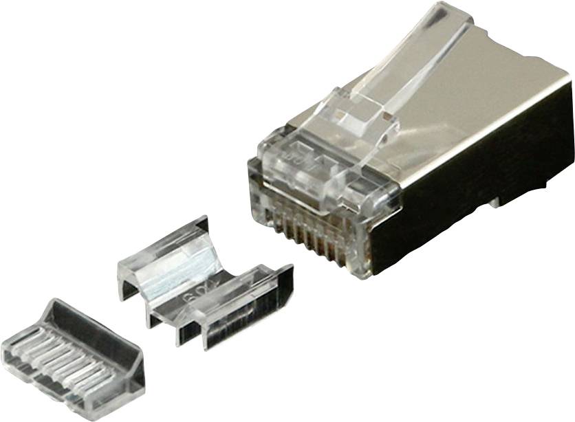En omonterad RJ45-kontakt med metallisk skärmning och separata delar för Ethernet-kablar, visad på vit bakgrund.