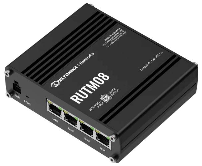 Teltonika Networks RUTM08 industriell router med fyra LAN-portar och en WAN-port, utformad för nätverksanslutning i industriella miljöer.