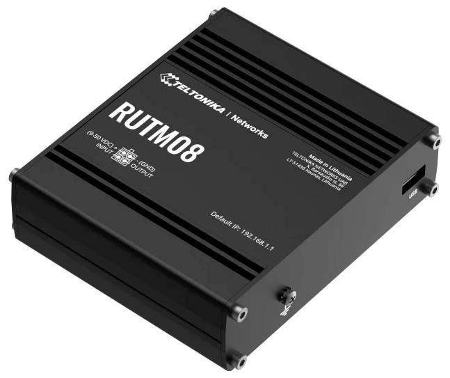 En svart Teltonika Networks RUTM08-router med modellinformation och standard-IP-adress "192.168.1.1" tryckt på toppen.