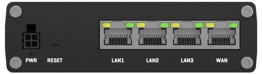 En svart nätverksomkopplare med märkta portar: PWR, RESET, LAN1, LAN2, LAN3 och WAN. Varje LAN-port har en grön och gul ljusindikator.