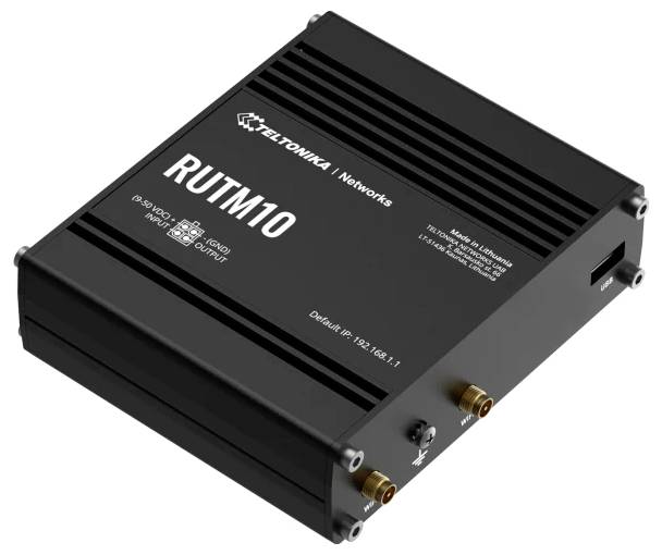 Teltonika RUTM10 GSM-R redundanslösningsenhet med LAN, LTE-antenner och strömingång.