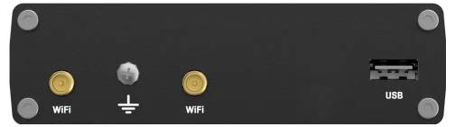 Bakpanelen på en enhet visar två WiFi-antennkontakter, en jordningsanslutning och en USB-port.