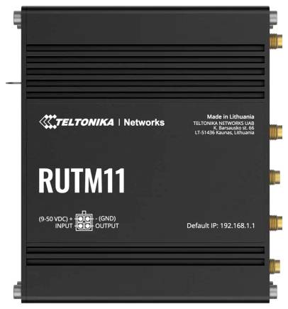 'TELTONIKA RUTM11-router, svart, med guldkontakter. Text på framsidan: Made in Lithuania, standard-IP: 192.168.1.1.'