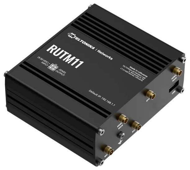 En svart Teltonika TRB160 industriell gatewayenhet med Ethernet- och USB-portar, används för att ansluta industriell utrustning till nätverk.