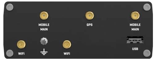 'Svart elektronisk panel med portar märkta: MOBILE MAIN, GPS, MOBILE MAIN, WiFi, USB. Inkluderar jordningssymbol. Cirkulära anslutningar.'