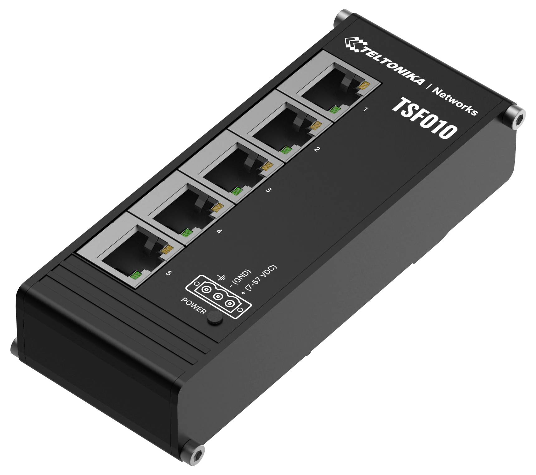 En svart nätverksswitch märkt "TELTONIKA TSF010" med fem Ethernet-portar, strömindikator och DC-strömingång.