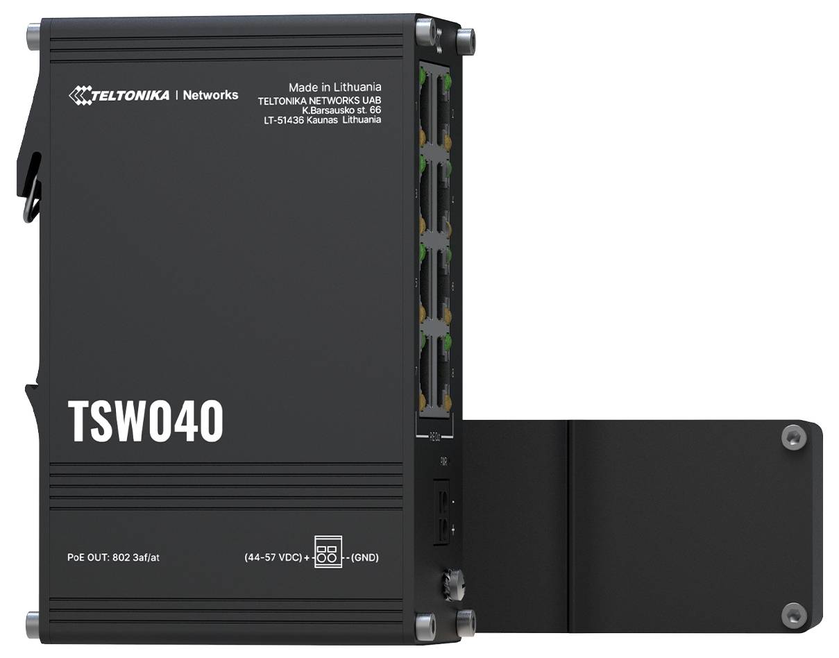 'TELTONIKA Networks TSW040-växel i svart, med fem Ethernet-portar och strömspecifikationer på sidan.'