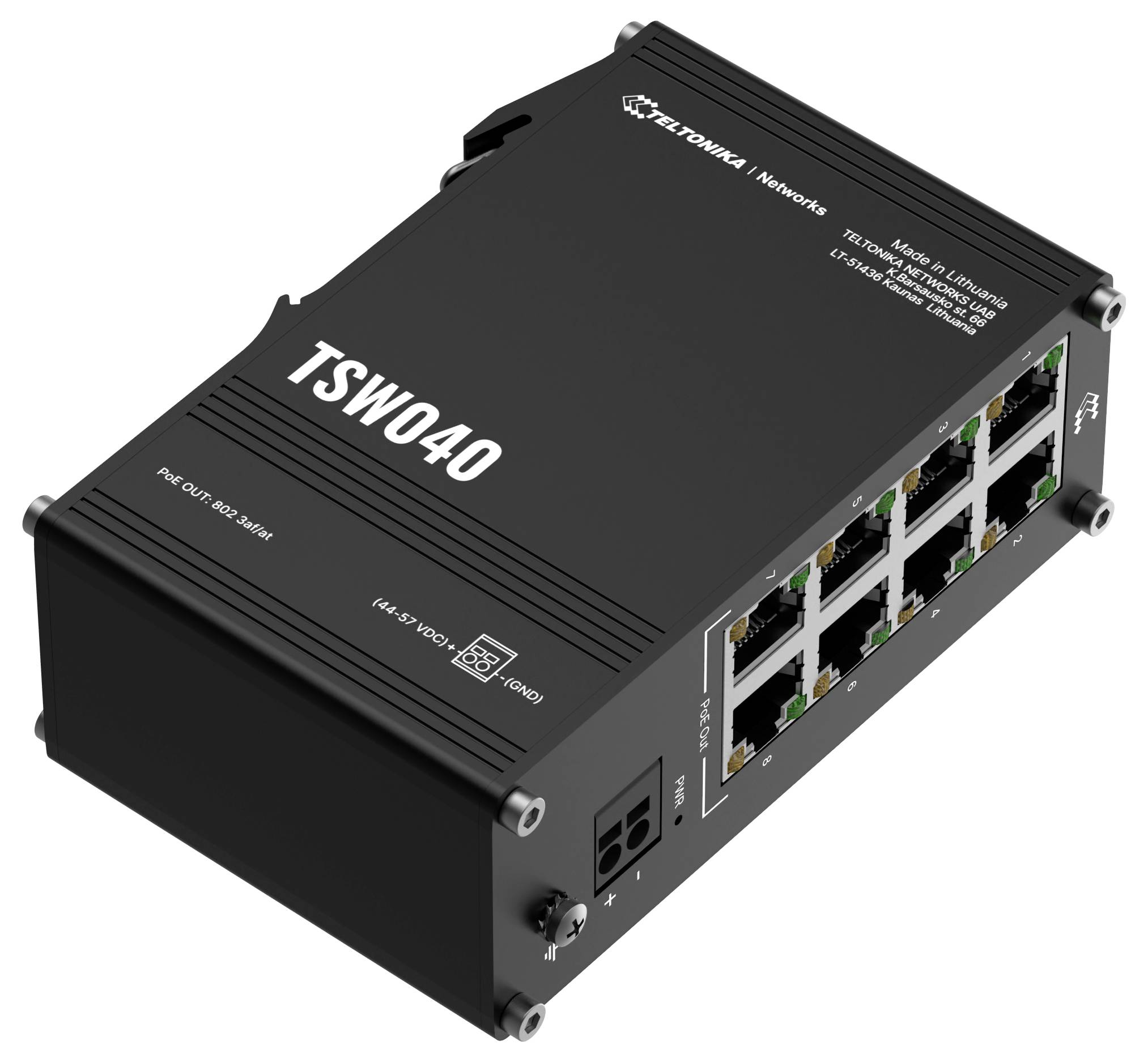 En svart TSW040-nätverksväxel med fem Ethernet-portar och en strömingång. Texten "TSW040" är tryckt på enhetens övre yta.