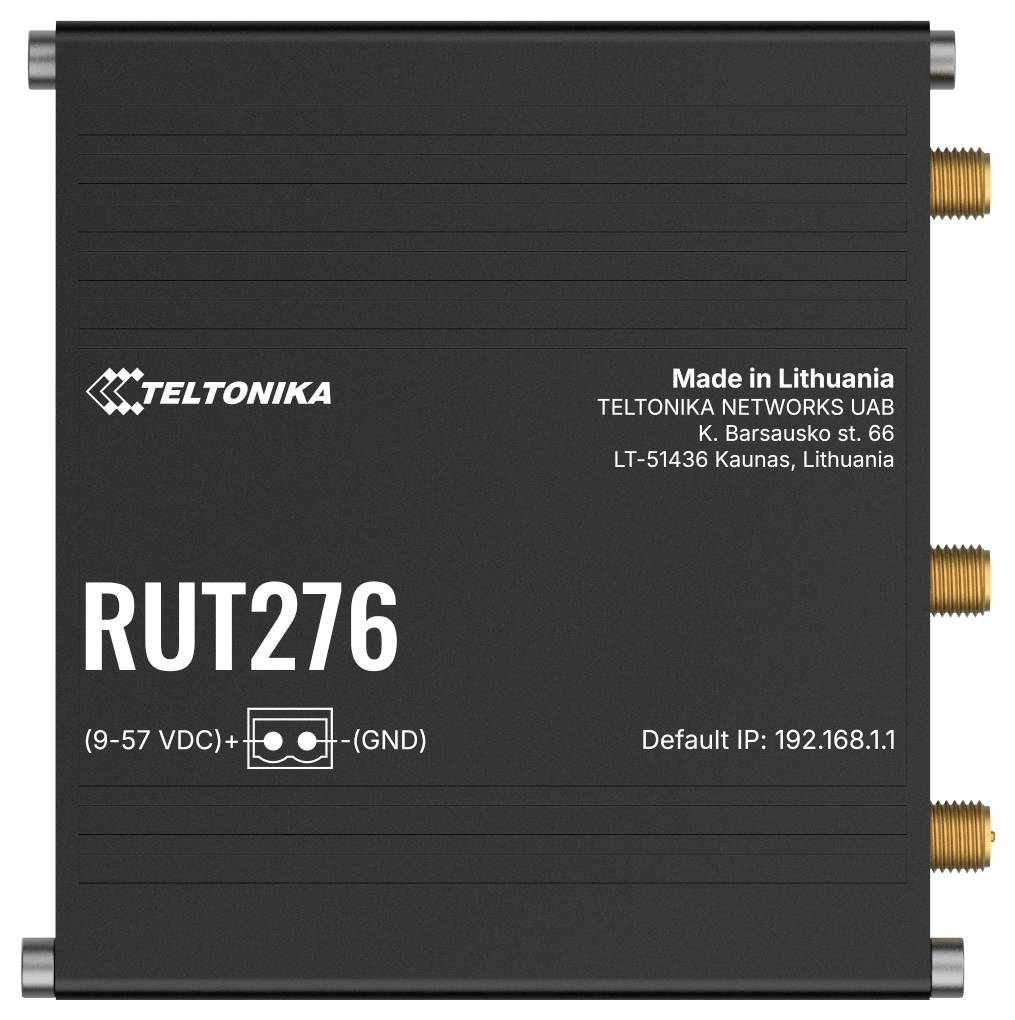 En svart enhet märkt "RUT276" från Teltonika, med anslutningsportar på sidan. Inkluderar standard-IP "192.168.1.1" och strömspecifikationer.