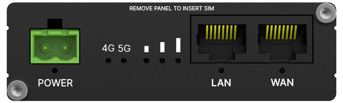Routergränssnitt med platser för strömförsörjning, 4G/5G-indikatorer, LAN- och WAN-portar. Texten lyder: Ta bort panelen för att sätta in SIM-kort.