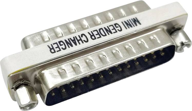En metallisk DB25 mini-könsbytaradapter med en rad stift, används för att ansluta enheter med olika könspotter, märkt "MINI GENDER CHANGER".